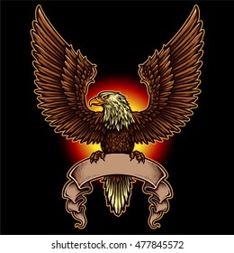 Vector Illustration Of Bald Eagle Spreading Wings And Holding Banner