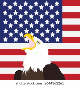 Vector illustration of a bald eagle with the United States flag background. USA background.
