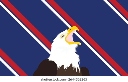 Vector illustration of a bald eagle with the United States flag background. USA background.