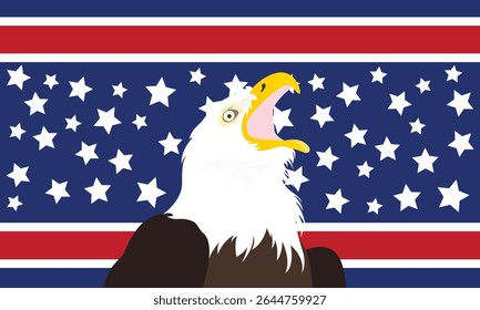 Vector illustration of a bald eagle with the United States flag background. USA America background.