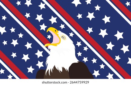 Vector illustration of a bald eagle with the United States flag background. USA America background.
