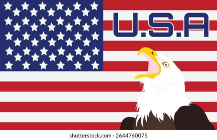 Vector illustration of a bald eagle with the United States flag background. USA America background.