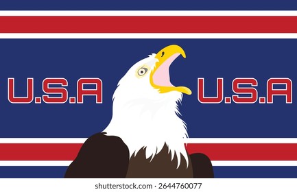 Vector illustration of a bald eagle with the United States flag background. USA America background.