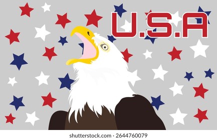 Vector illustration of a bald eagle with the United States flag background. USA America background.