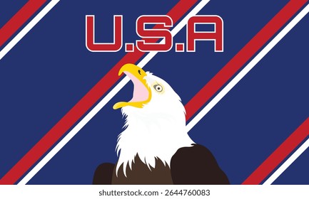 Vector illustration of a bald eagle with the United States flag background. USA America background.
