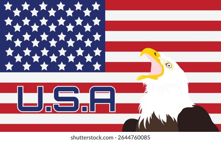 Vector illustration of a bald eagle with the United States flag background. USA America background.