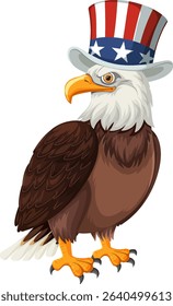 Vector illustration of a bald eagle wearing a red, white, and blue top hat. Bold colors and detailed feathers