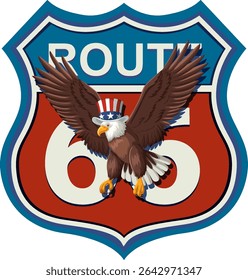 Vector illustration of a bald eagle wearing a patriotic hat, flying over a Route 66 highway shield