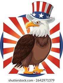 Vector illustration of a bald eagle wearing a star-spangled top hat, set against a red and white sunburst background