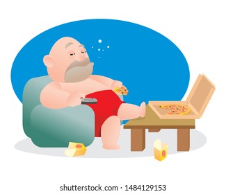 Vector illustration of bald fat man stuck on sofa or watching TV with pizza and junk food. Concept of lost job or unhappy man.middle age crisis. Sadness, job lost, breaking relation ship concept.