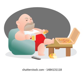 Vector illustration of bald fat man stuck on sofa or watching TV with pizza and beer. Concept of lost job or unhappy man.middle age crisis. Sadness, job lost, breaking relation ship concept.