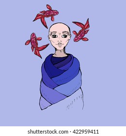 Vector illustration of bald girl in blue dress