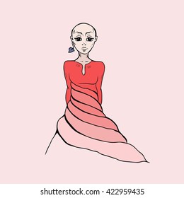 Vector illustration of bald girl in a red dress