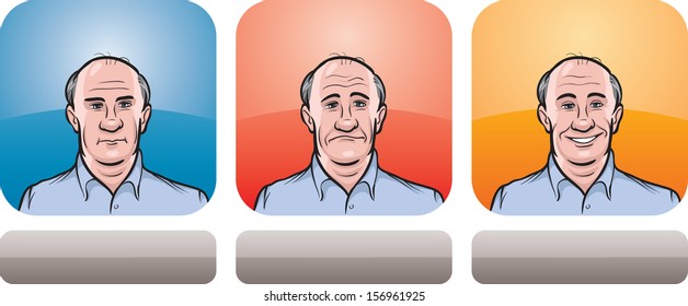 Vector illustration of bald guy face in three expressions: neutral, sad and happy - head and shoulders composition. Layered vector EPS10 format file.
