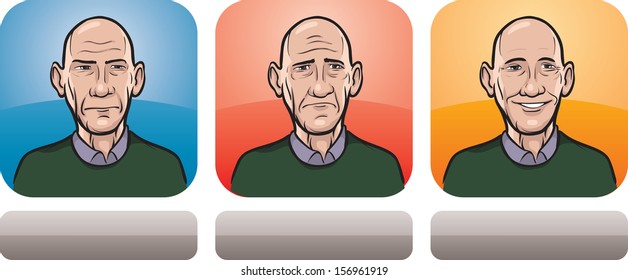 Vector illustration of bald man face in three expressions: neutral, sad and happy - head and shoulders composition. Layered vector EPS10 format file.