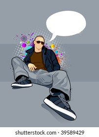 Vector illustration of bald man on abstract graffiti background.