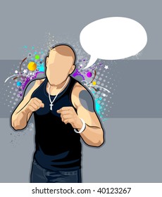Vector illustration of bald man on bright graffiti background.