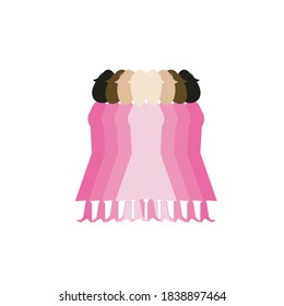 Vector illustration of bald women in pink dresses. Cancer awareness.  Different women standing together.