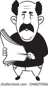 vector illustration of balded man with mustache standing and holding newspaper