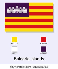 Vector Illustration of Balearic Islands flag isolated on light blue background. Illustration Balearic Islands flag with Color Codes. As close as possible to the original. vector eps10.
