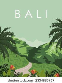 Ilustración vectorial. Bali, Indonesia, diseño para afiches, banner, postales de viaje, diseño de paquetes, trópicos.