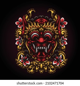 Vector Illustration of Balinese Demon Mask character with carved ornaments. Can be used to t-shirt design, poster, etc