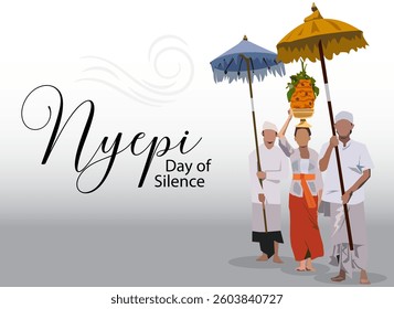 Vector illustration of Balinese men and women in traditional sarong clothes carrying traditional umbrellas and carrying food offerings on their heads for the celebration of the Hindu Nyepi holiday