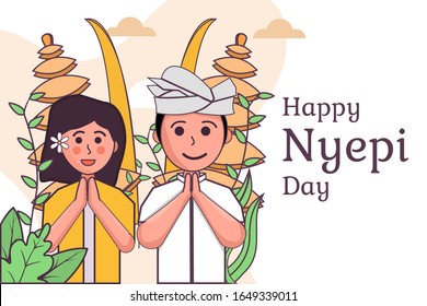 vector illustration balinese people greeting happy day of silence nyepi new year of saka 1942 2020 with traditional bali pure building background. can be used for banner poster greeting card template.