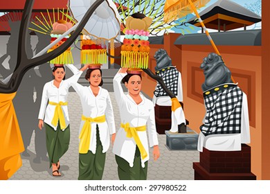 A vector illustration of Balinese women bring offerings of fruits and gifts