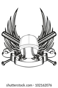 Vector illustration ball in baseball cap and crossed bats