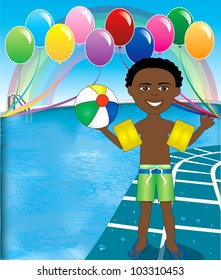 Vector Illustration of Ball Boy at pool party with balloons and beach ball.