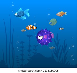 vector illustration of ball fish, clown fish, prickly, bottom relief, coral reef