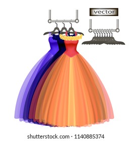 Vector illustration of a ball gown hanging on a coat hanger hung from festive clothing to the prom, anniversary.