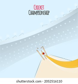 Vector Illustration Of Ball Hitting Wicket Stumps On Blue Stadium View For Cricket Championship Concept.