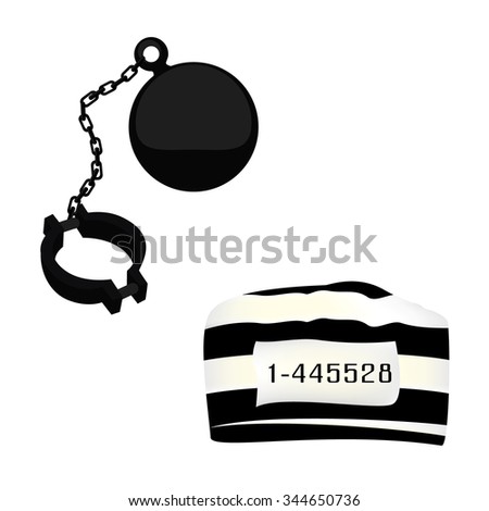 Vector illustration ball on chain and prisoner striped hat or cap. Shackle icon. Jail chain with heavy shackle. Prison ball and chain
