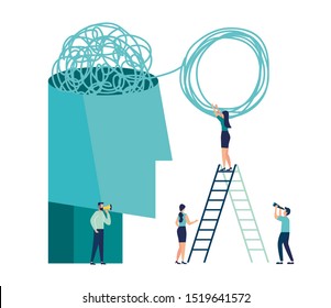 Vector illustration, a ball of thought is confused in the head and unravels. abstract metaphor, business problem solving concept