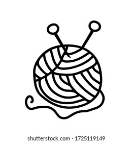 Vector illustration of a ball of yarn and knitting needles. Doodle and line hobby elements. Isolated on white background. Hand drawn outline objects. 