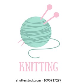 Vector illustration of ball of yarn with needles, knit icon.
