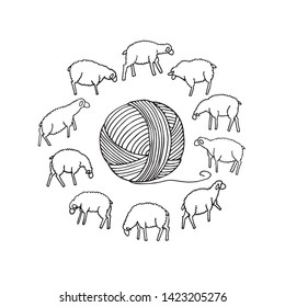 Vector illustration with ball of yarn and sheep around it. 