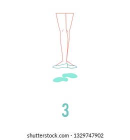 Vector illustration of ballerina feet in pointe shoes standing in third ballet position in flat line style isolated on white background - female legs performing classical ballet technique.