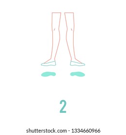 Vector illustration of ballerina feet in pointe shoes standing in second ballet position in flat line style isolated on white background. Female legs performing classical ballet technique.