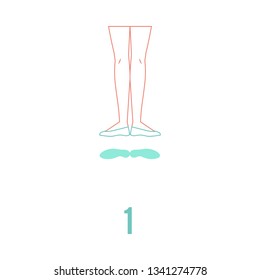 Vector illustration of ballerina feet in pointe shoes standing in first classical ballet position in flat line style isolated on white background - female legs showing ballet technique.