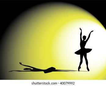 A vector illustration of a ballerina on stage. Silhouette with dramatic shadow and lighting