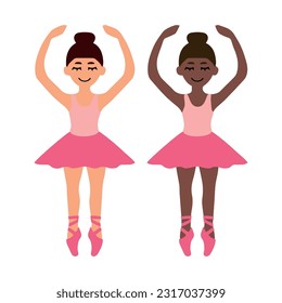Vector illustration. A ballerina in a pink skirt raised her arms above her head.