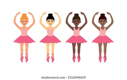 Vector illustration. Ballerinas of different races stand in a row and dance.