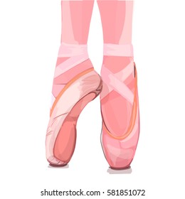 Vector illustration. Ballerina`s feet in pointe shoes. Ballerina`s legs in position.