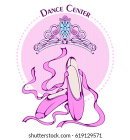 Vector illustration with ballet accessories on retro background. Design template for flyer, invitation, poster or greeting card. Illustration for studio dance