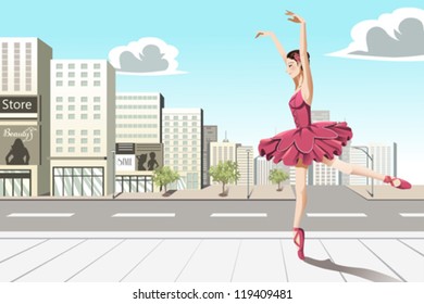 A vector illustration of a ballet dancer dancing in the city