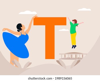 Vektorgrafik von Balletttänzerin und Trampolin-Player auf den Seiten des Buchstabens 'T', für den internationalen JUGEND-Tag.