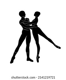 Vector illustration with ballet dancers couple. Young man and woman body shadow shape isolated on white background. Ballet studio logo design.